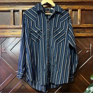 Vintage Men's Blue Striped Pearl Snap Shirt - Size Large